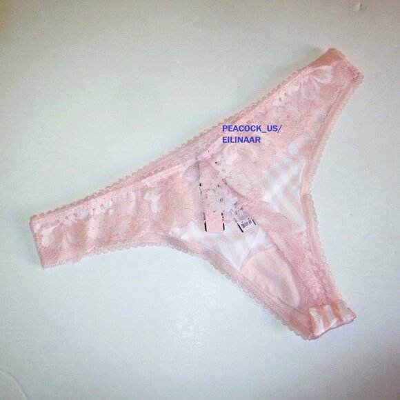 Victoria Secret Body by Victoria Satin Lace Thong Panty Size S Pink White Stripe - Picture 7 of 7